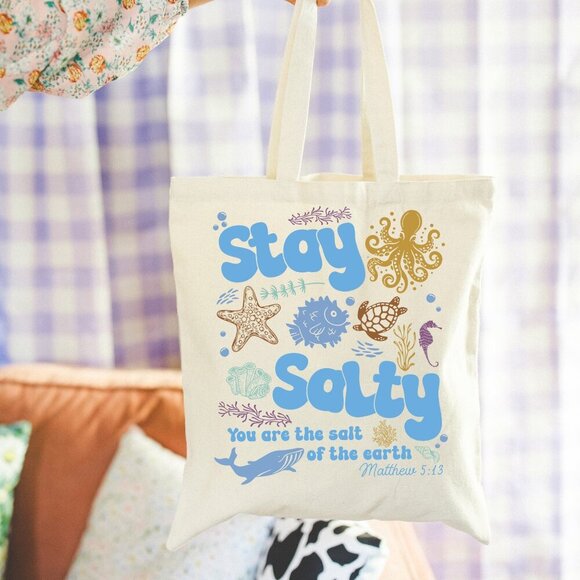 Stay Salty Summer Sea Life Bible Verse Beach Cotton Canvas Tote Bag - Picture 1 of 4